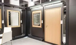 Ekspozycja okien i drzwi w salonie, z drewnianymi ramami i jasnymi drzwiami.