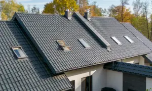 Nowoczesna blacha na dach pokrywa dom z kilkoma oknami dachowymi. Jesienne drzewa otaczają budynek.