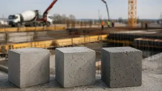 Trzy betonowe kostki, symbolizujące jaki beton na strop, na tle budowy z gruszką i żurawiem.