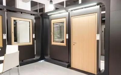 Ekspozycja okien i drzwi w salonie, z drewnianymi ramami i jasnymi drzwiami.