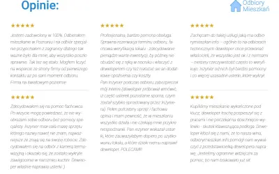 Opinie o odbiorach mieszkań: gwiazdki i cytaty zadowolonych klientów.