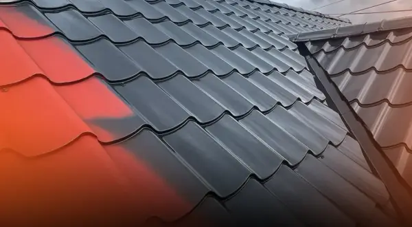 Fragment dachu z blachy, częściowo pomalowany na czerwono, częściowo na czarno.